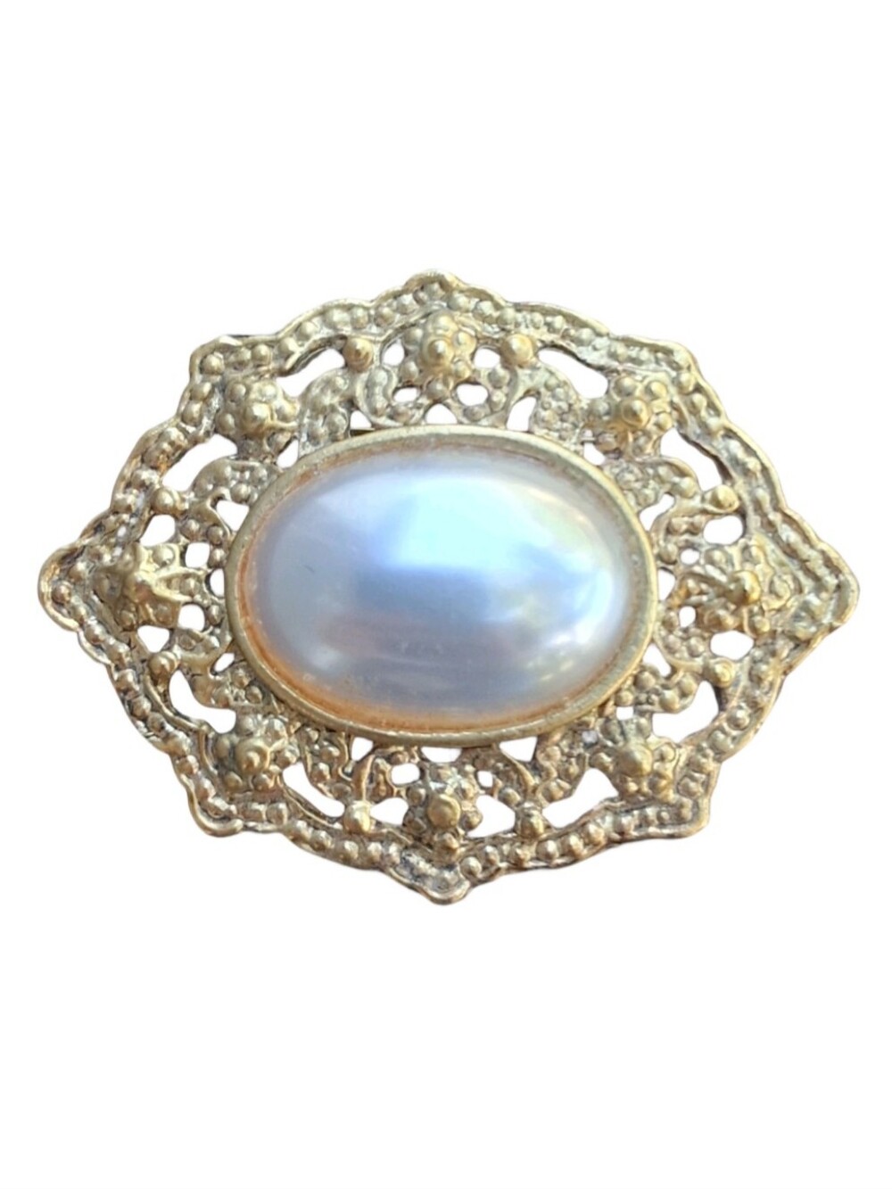 Vintage Faux Pearl Filigree Brooch Gold Tone Oval Cameo Style Pin Retro